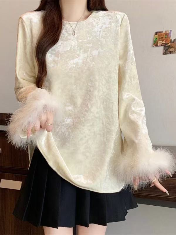 新中式丝绒毛毛袖提花宽松上衣打底衫女秋冬胖mm气质显瘦上衣2895