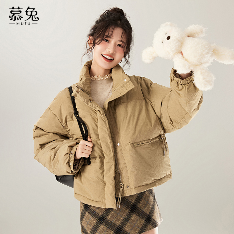 慕兔韩系黑色立领宽松外套女冬季2024新款加厚保暖面包服短外套