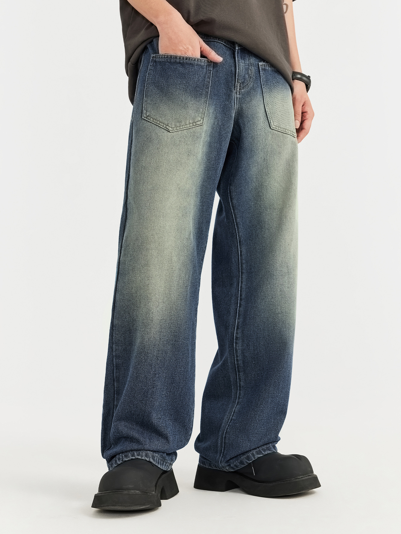 DaDa跨境前插袋潮流休闲牛仔裤春夏新品潮牌洗水做旧宽松直筒裤