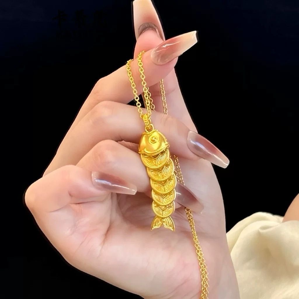 铜合金项链 五帝钱锦鲤小鱼项链新中式金币时尚转运珠锁骨链