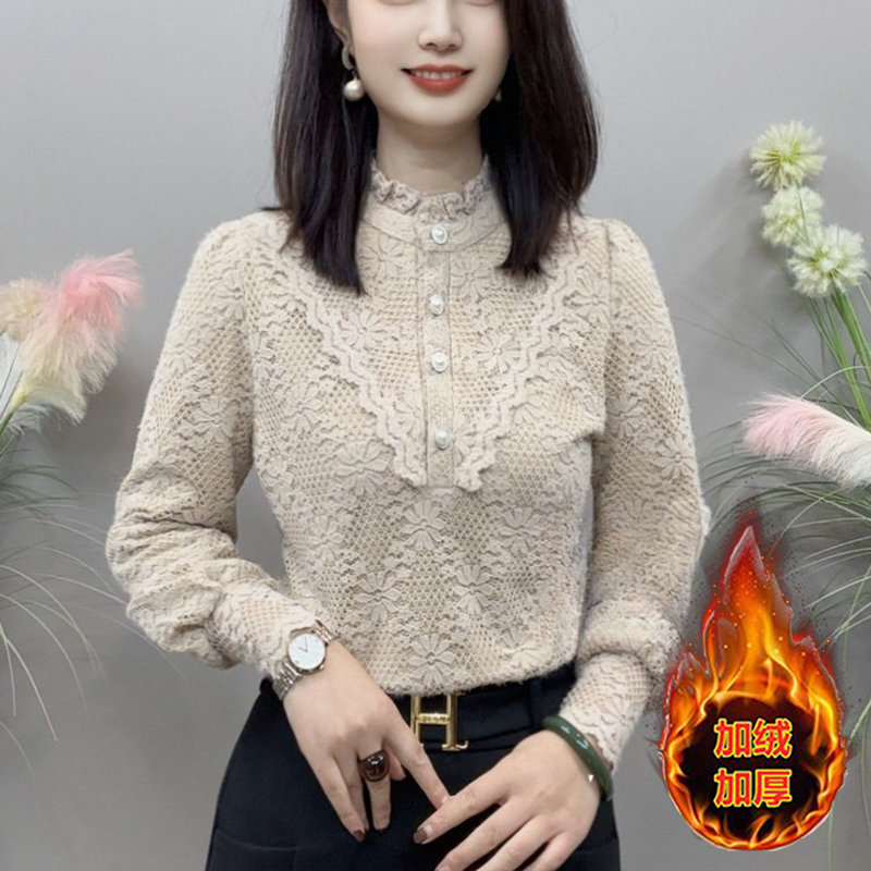 秋冬新款加绒保暖植绒上衣打底衫女木耳花边领长袖气质百搭衬衫女