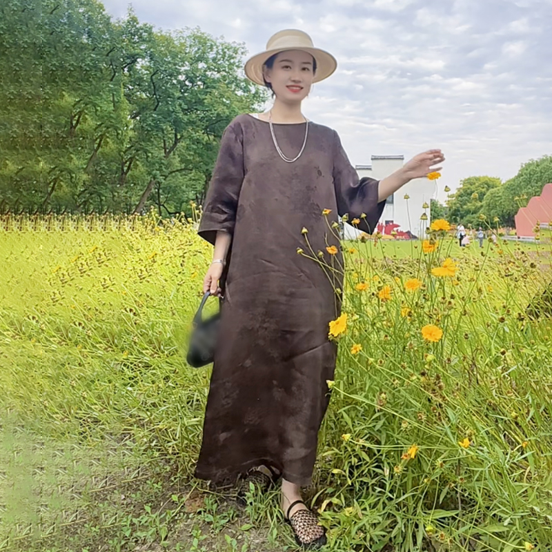 诺谰 真丝木薯丝香云纱大袍 天然纤维宽松阔版夏季连衣裙女250027