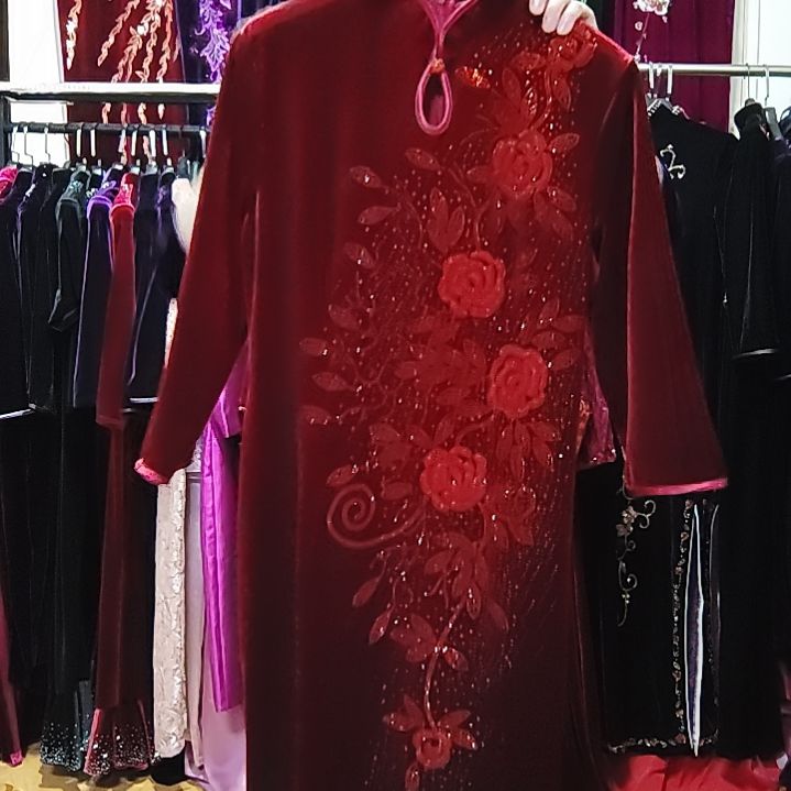 酒红色金丝绒重工中长旗袍2XL120-130内胸106腰92内
