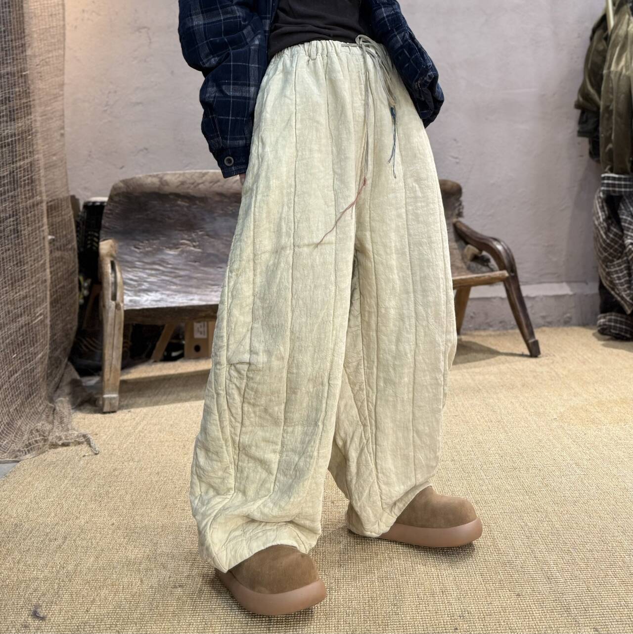 25101A衣牧了然冬季色织亚麻压线抽绳棉裤高品百搭保暖休闲直筒裤