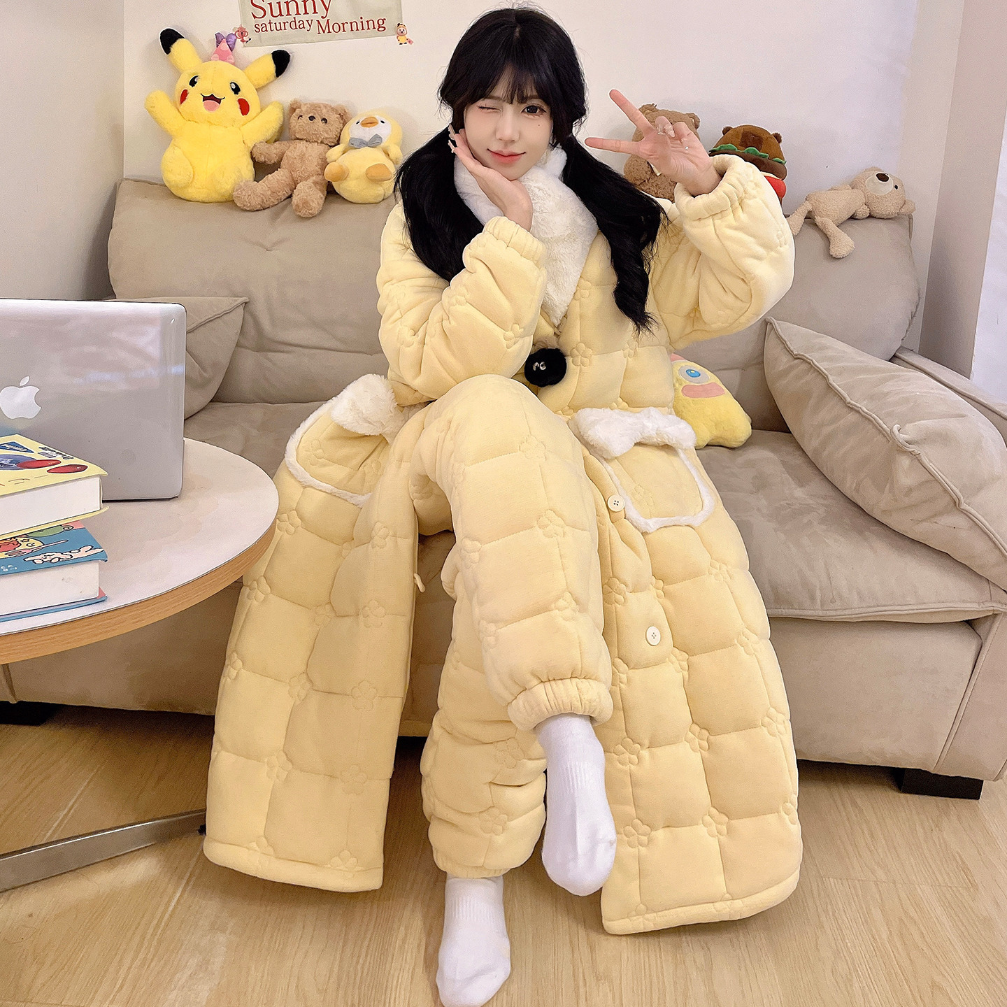三层夹棉加厚加绒睡袍可外穿冬季睡衣女士卡通珊瑚绒家居服 9056