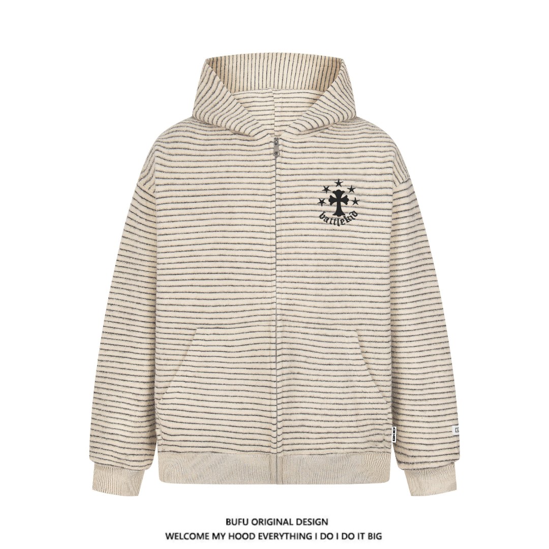 【官方店】亿万少年BUFU毛呢条纹连帽卫衣外套男女秋季情侣宽松上衣