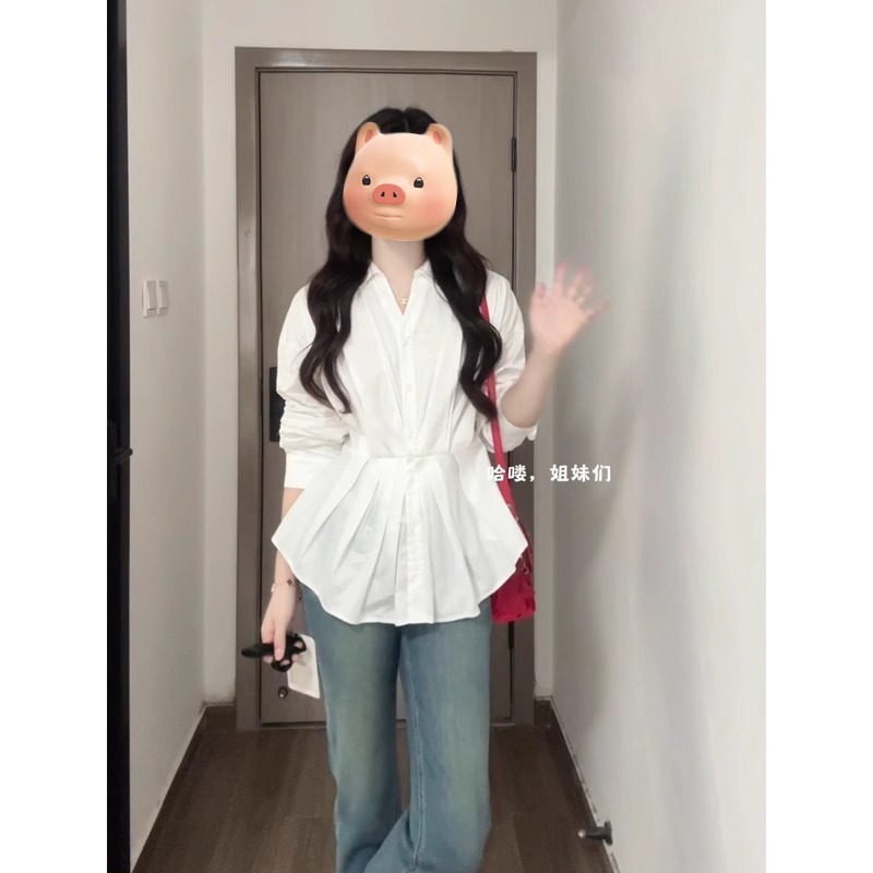 法式气质白色polo领长袖衬衫女2025早春季新款高级感收腰衬衣上衣