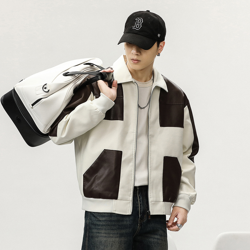 皮衣男款秋季外套男高级感撞色拼接美式复古宽松潮牌夹克男女同款