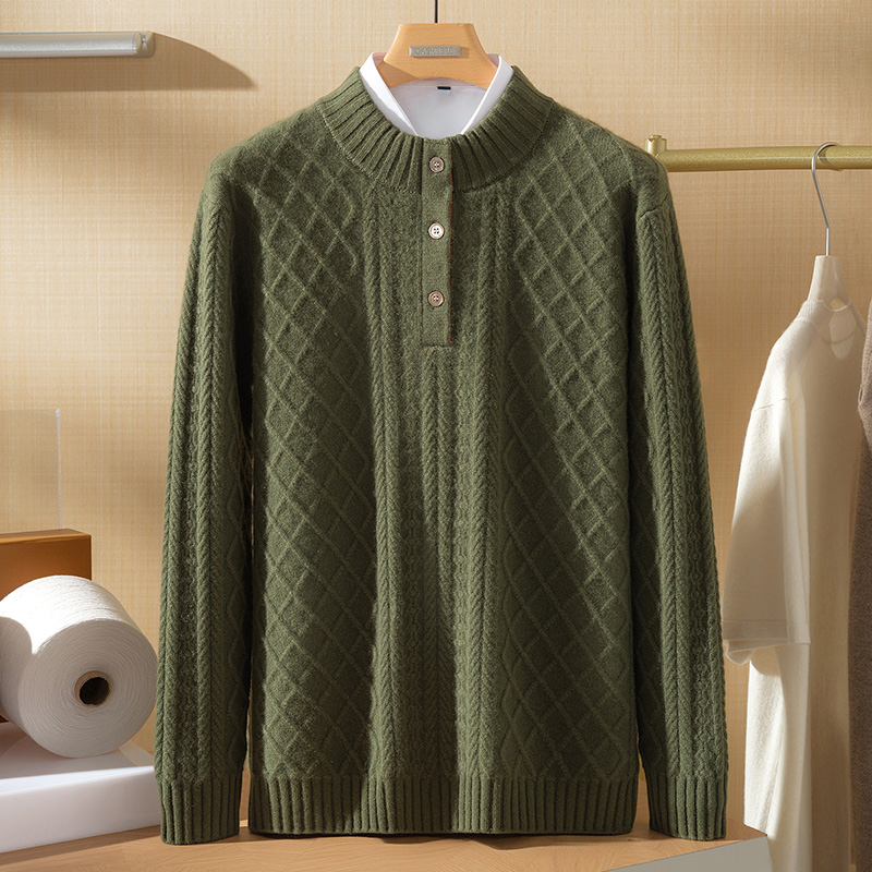 秋冬男半高领100%纯山羊绒半开打底衫重磅加厚菱形格商务针织毛衣