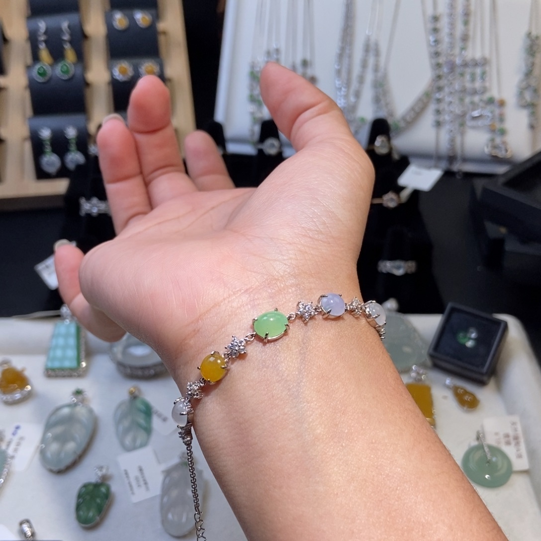 翡翠银S925镶嵌手链纯天然缅甸翡翠A货手链1