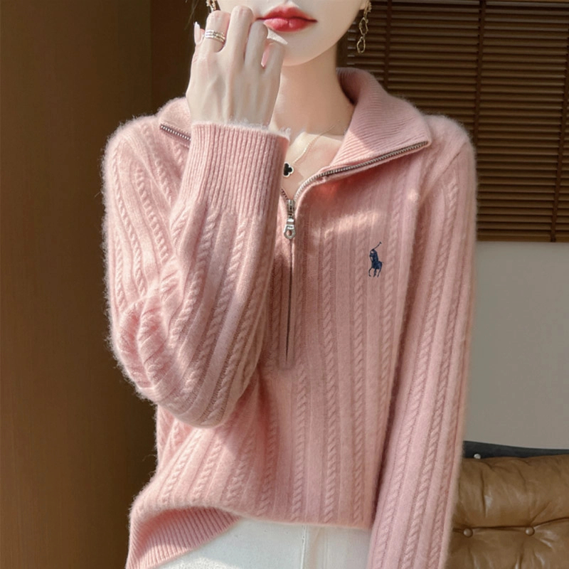 100羊毛气质重工绞花半开领设计拉链针织打底衫百搭宽松显瘦946