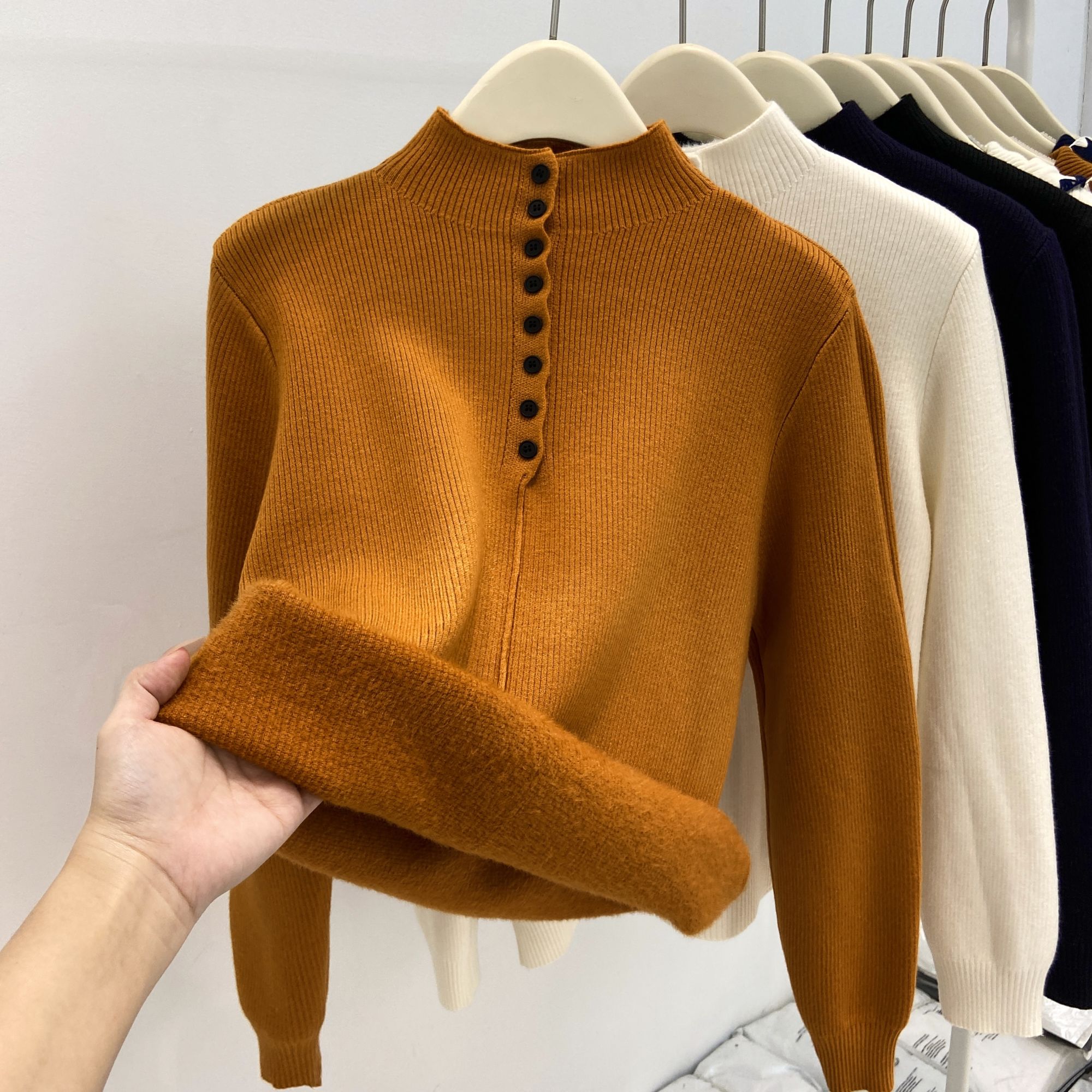 【加绒加厚】半开扣2025秋冬新款纯色针织上衣百搭半高领打底衫