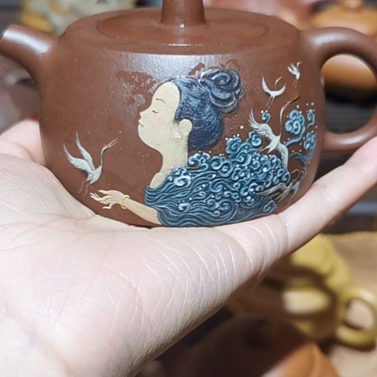静***神紫砂茶壶井栏壶泥绘