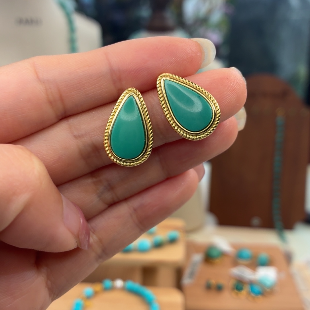 绿松石银S925镀金镶嵌耳饰