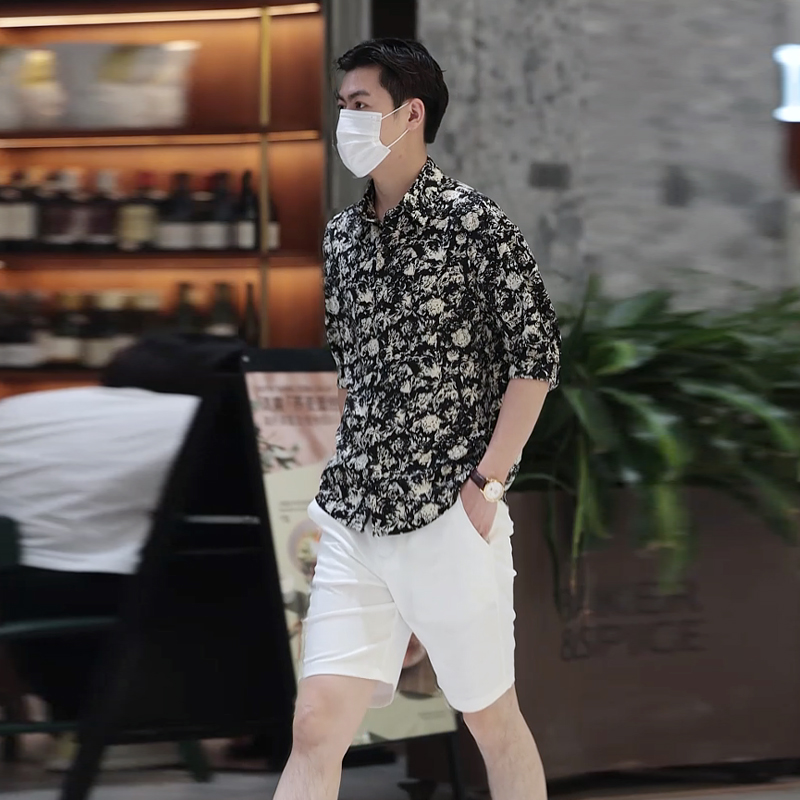 夏季男士碎花中袖衬衫潮流帅气薄款凉感休闲痞帅印花半袖衬衣男
