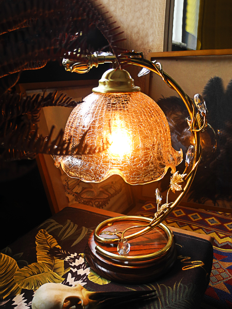 胡桃木色黄铜轻奢温馨浪漫氛围复古美式水晶喜庆床头台灯