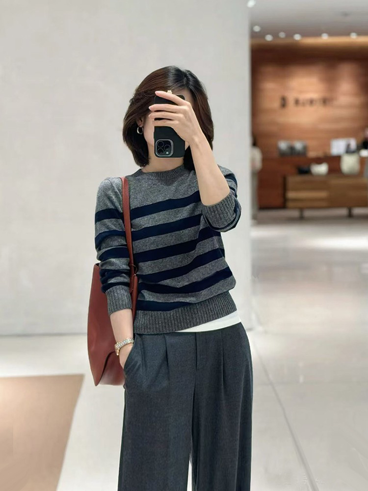 小禾同款条纹上衣100山羊绒针织衫时尚爆款百搭女士