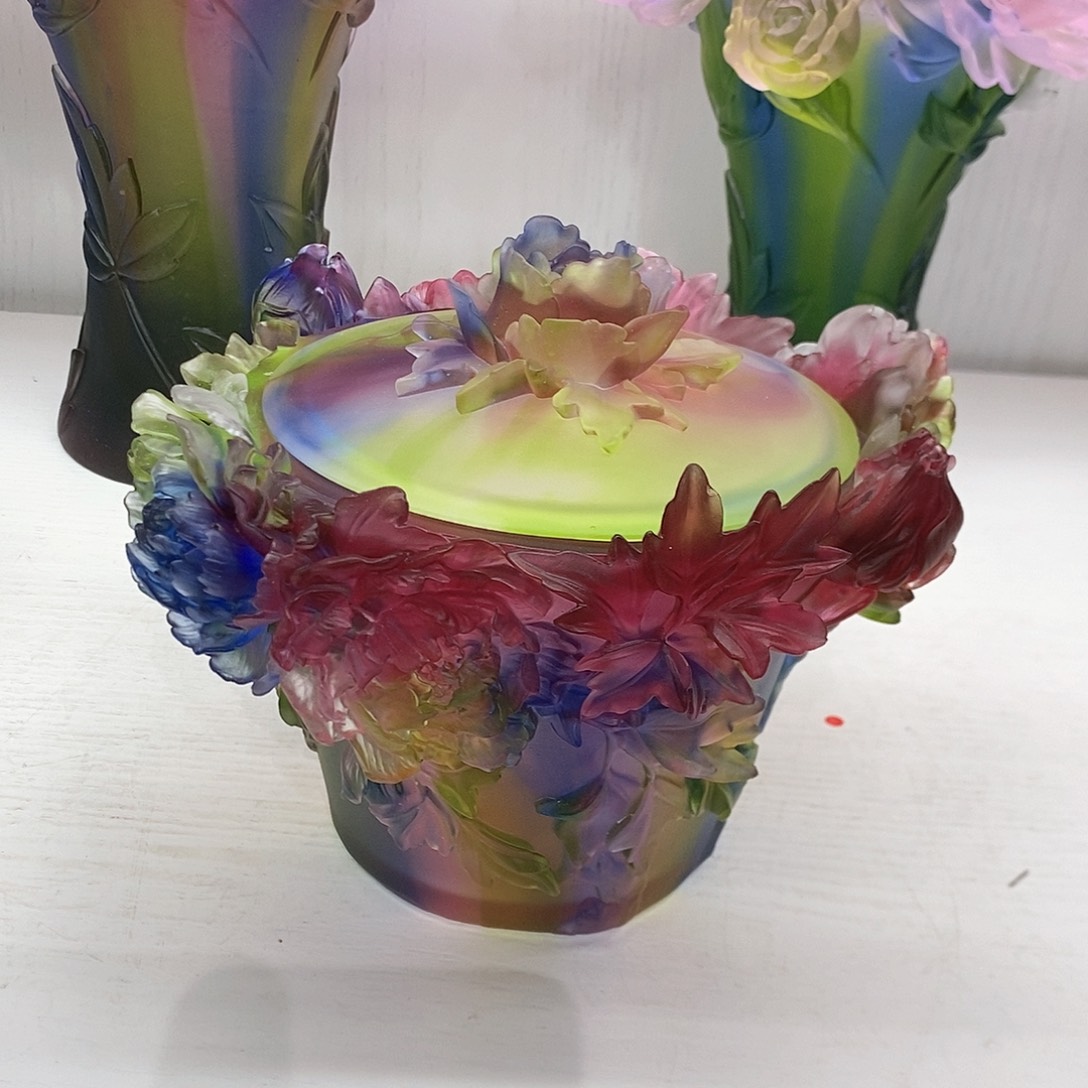 摆件脱蜡水晶牡丹花糖罐七彩色