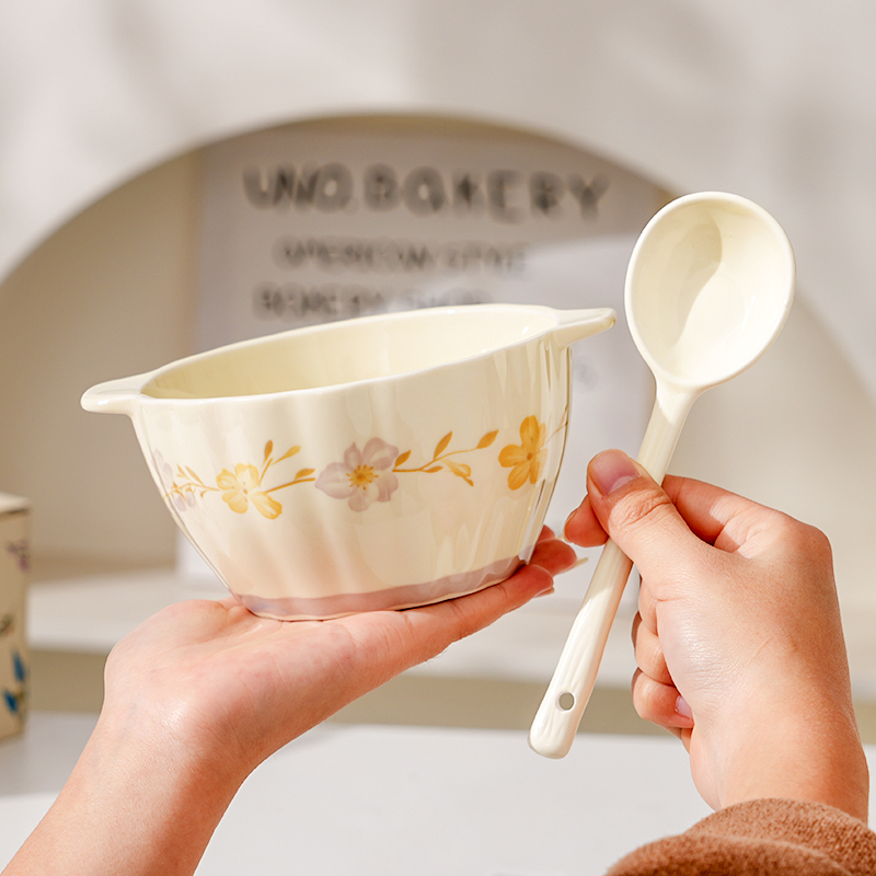 【小南瓜+勺】紫罗兰双耳小汤碗勺家用装汤碗学生可爱餐具陶瓷碗