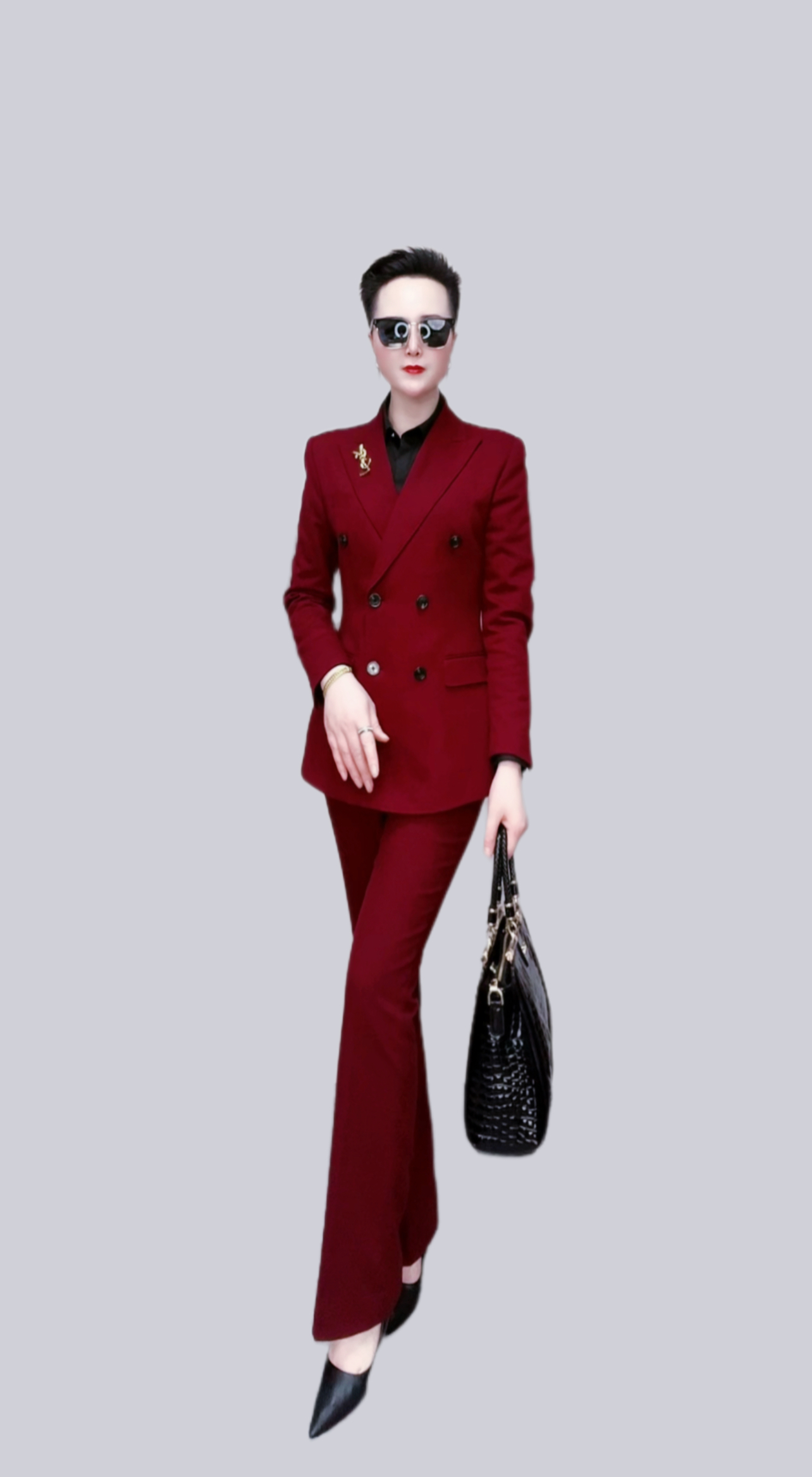 【白衣哥】年会套装安哥拉红双排扣喇叭裤修身气质款