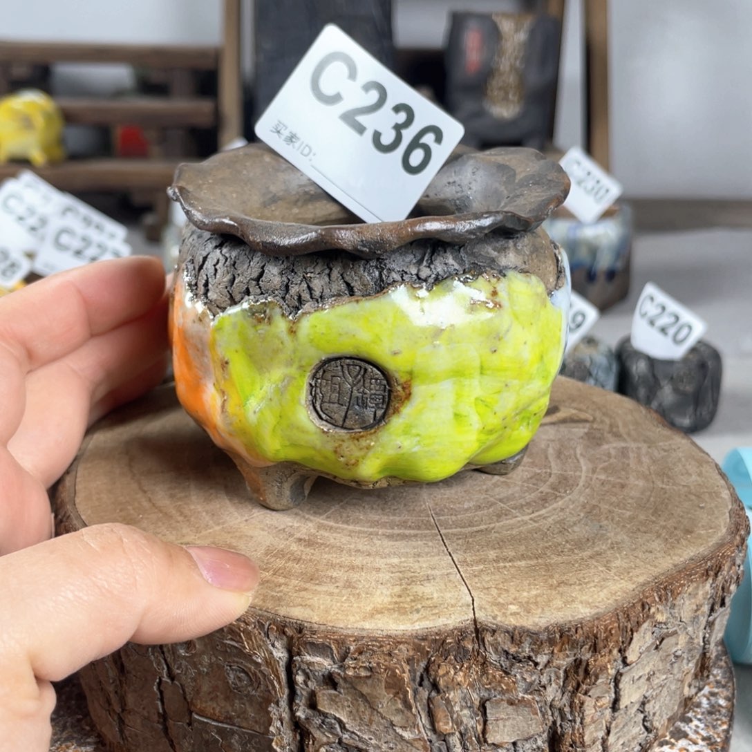 紫砂花盆鼓盆 不规则 油画山石 钱袋 外口8