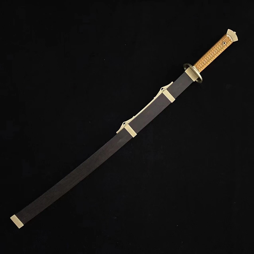 【方鞘雁翎刀】黄铜装具黑檀木鞘百炼花纹钢刀身覆土烧刃 未开刃