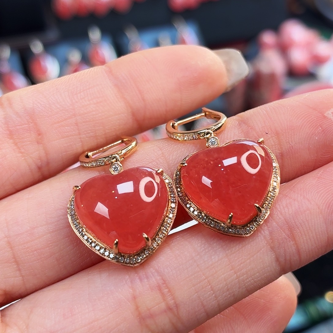 菱锰矿（红纹石）18K金镶嵌耳坠