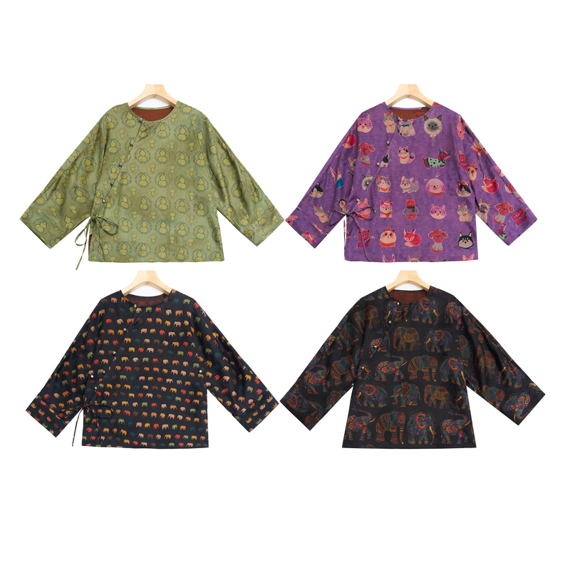 DY2803 吉象100桑蚕丝花萝真丝香云纱花萝斜襟圆领长袖毛衫