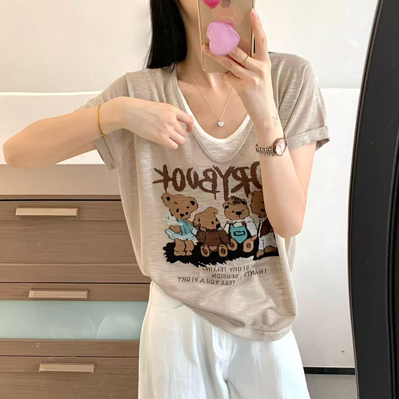 「四只熊」夏季竹节亚麻 薄款小熊提花短袖假两件V领针织T恤-2819