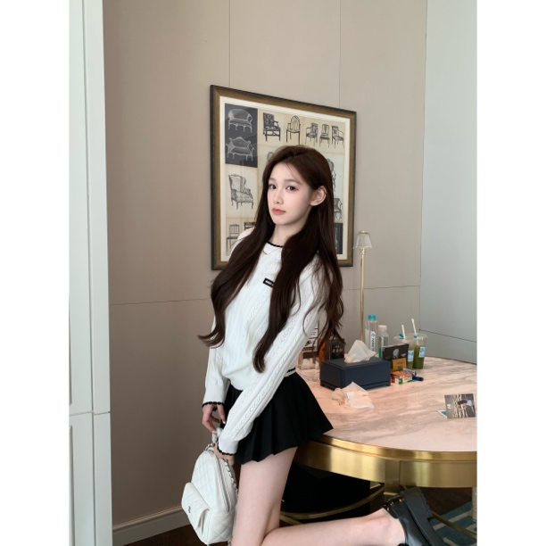 【Meng服饰】简约谬系减龄波浪边镂空长袖上衣+百褶裙