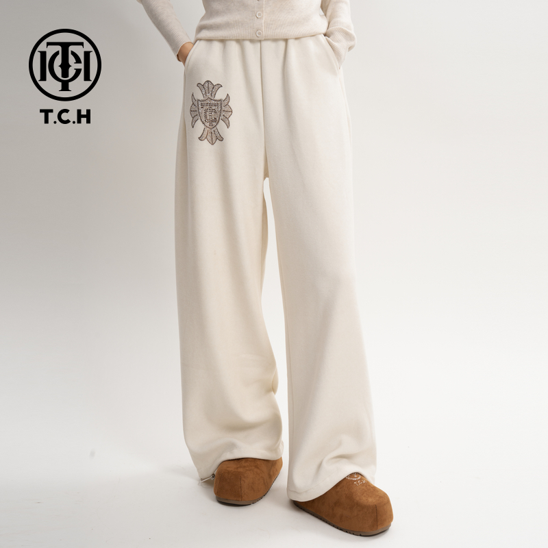 TCH【垂坠感】冬款慵懒风烫钻时尚淑女米黄色休闲裤T75D20E1011
