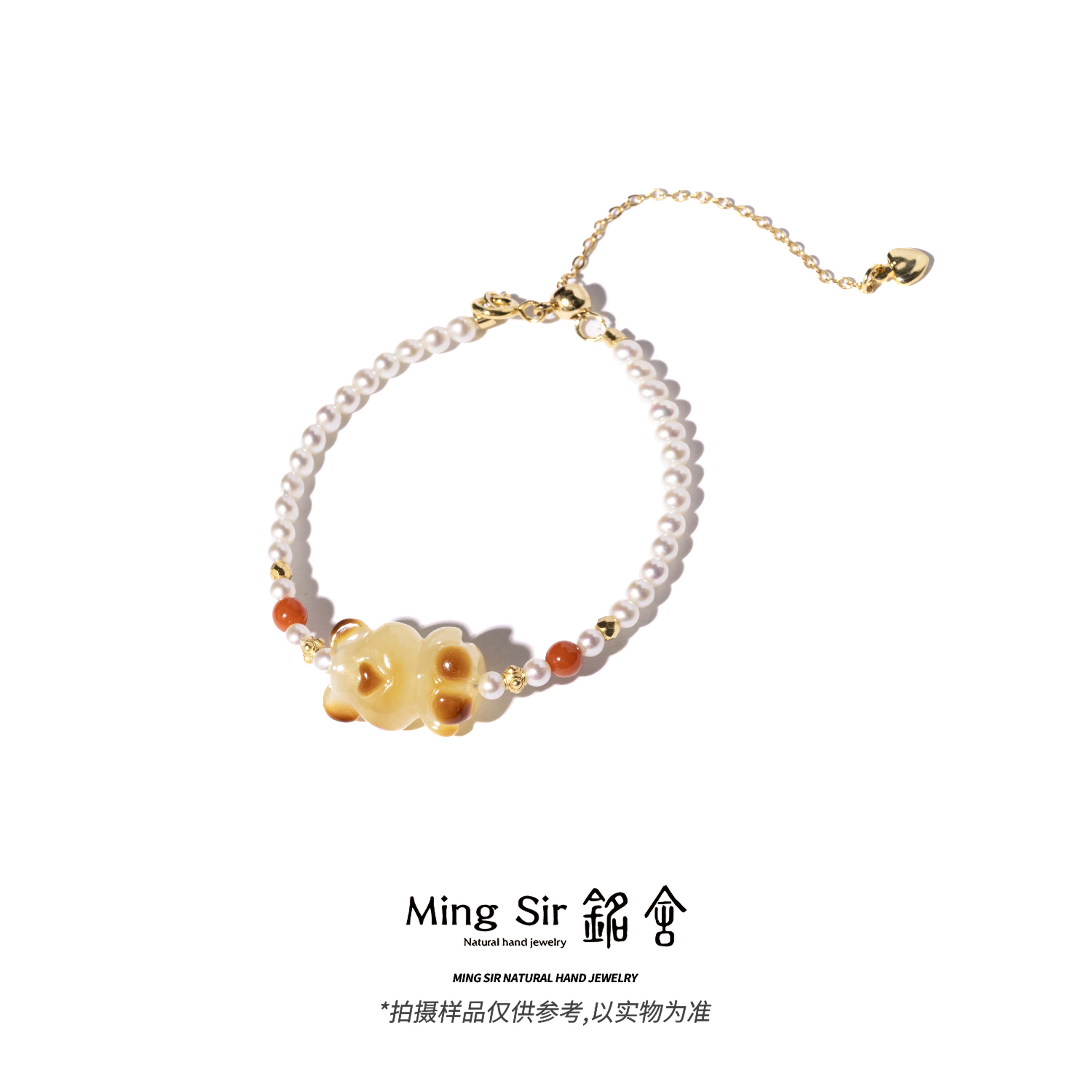 【铭舍 】天然淡水珍珠近圆3.5-4mm左右蜜蜡小熊设计款手链百搭