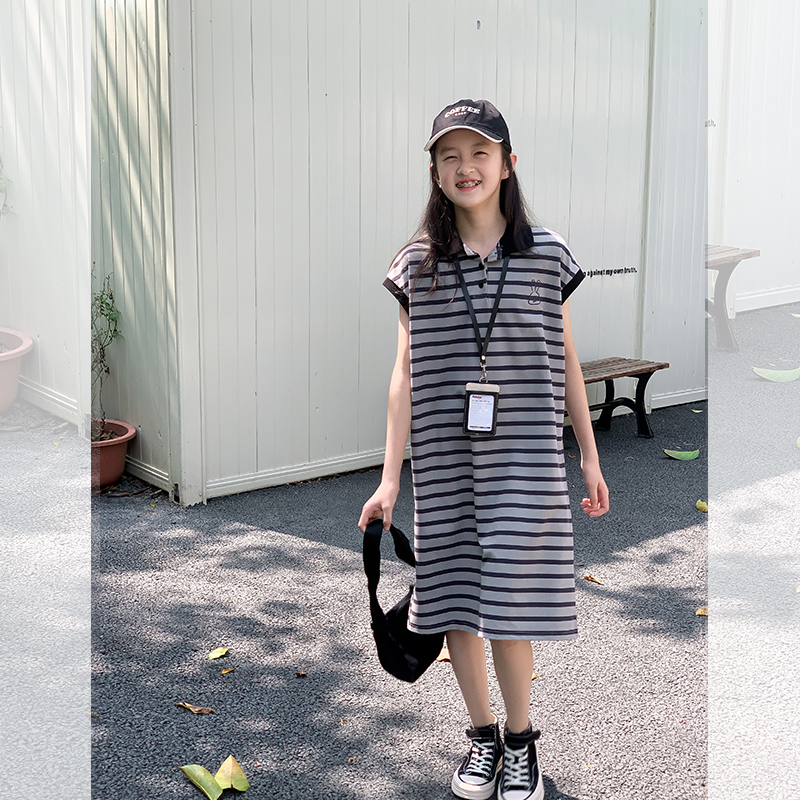 西西家女童2025夏季新款条纹翻领polo连衣裙儿童无袖裙JX462