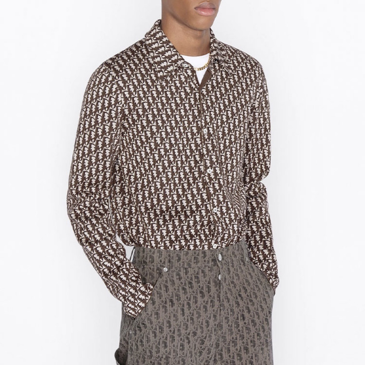 未使用 DIOR/迪奥 03826/棕色Logo满印单排扣休闲长袖衬衫/L码