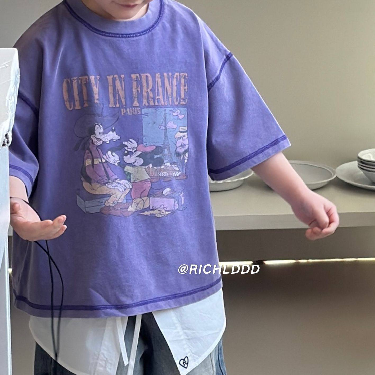 【特价no退换】卤蛋童装：紫色米奇奇遇/洗旧做旧工艺短袖男女童韩0