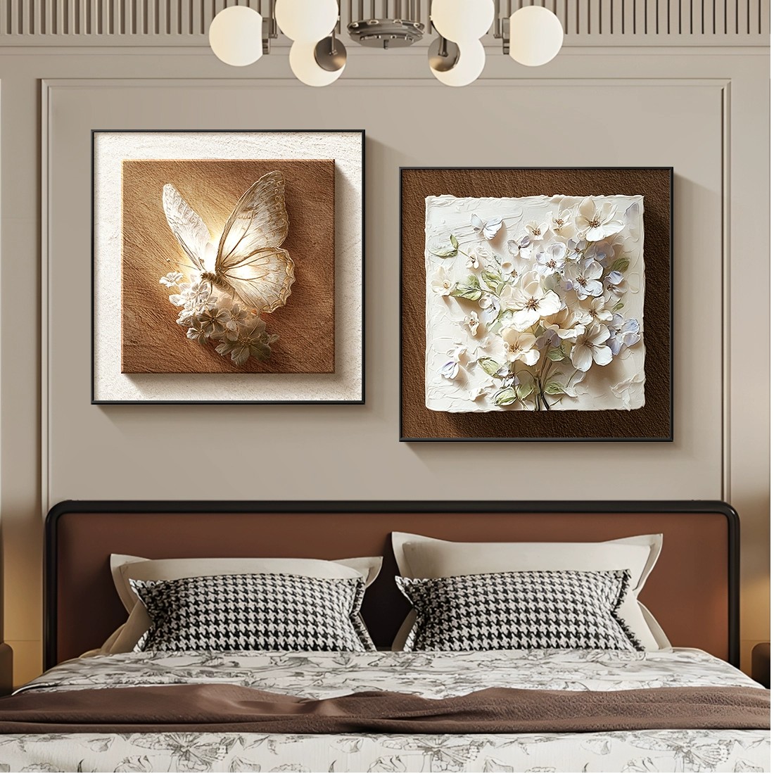 中古风蝴蝶餐厅装饰画高级感花卉卧室床头挂画肌理感抽象艺术壁画