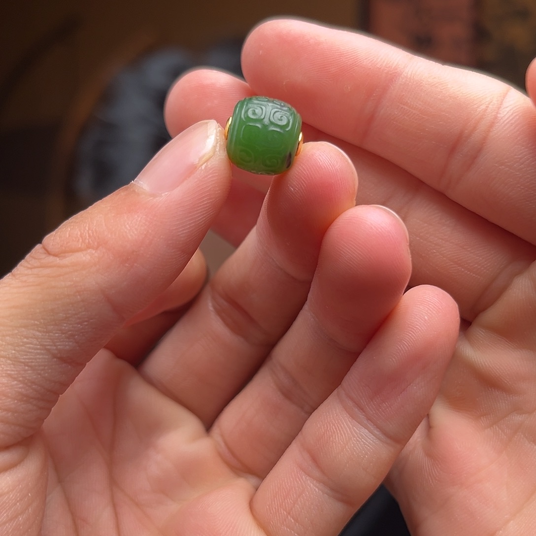 和田玉吊坠(不含链)银S925镶嵌碧玉回纹珠