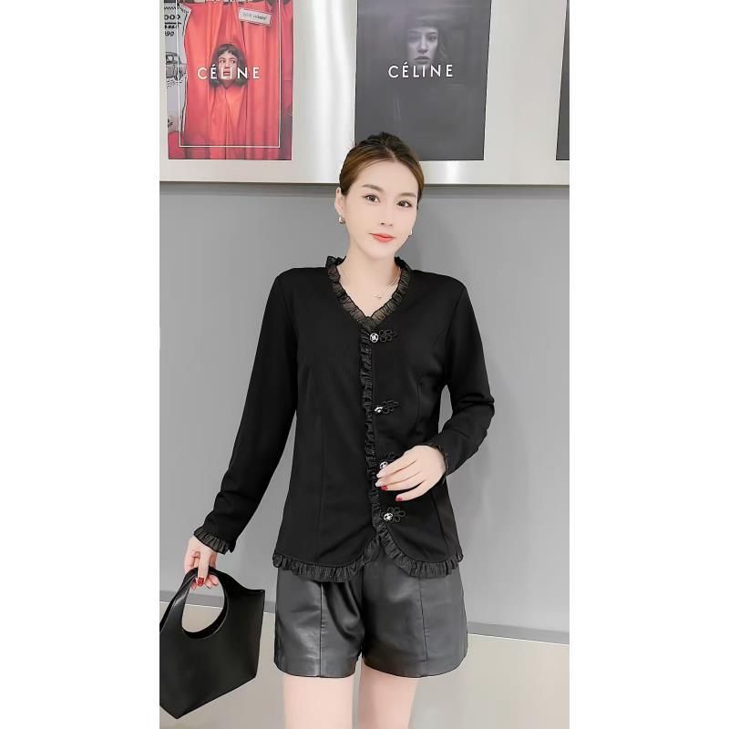 韩版黑色时尚蕾丝V领打底衫女春秋2025女士洋气秋装百搭长袖上衣