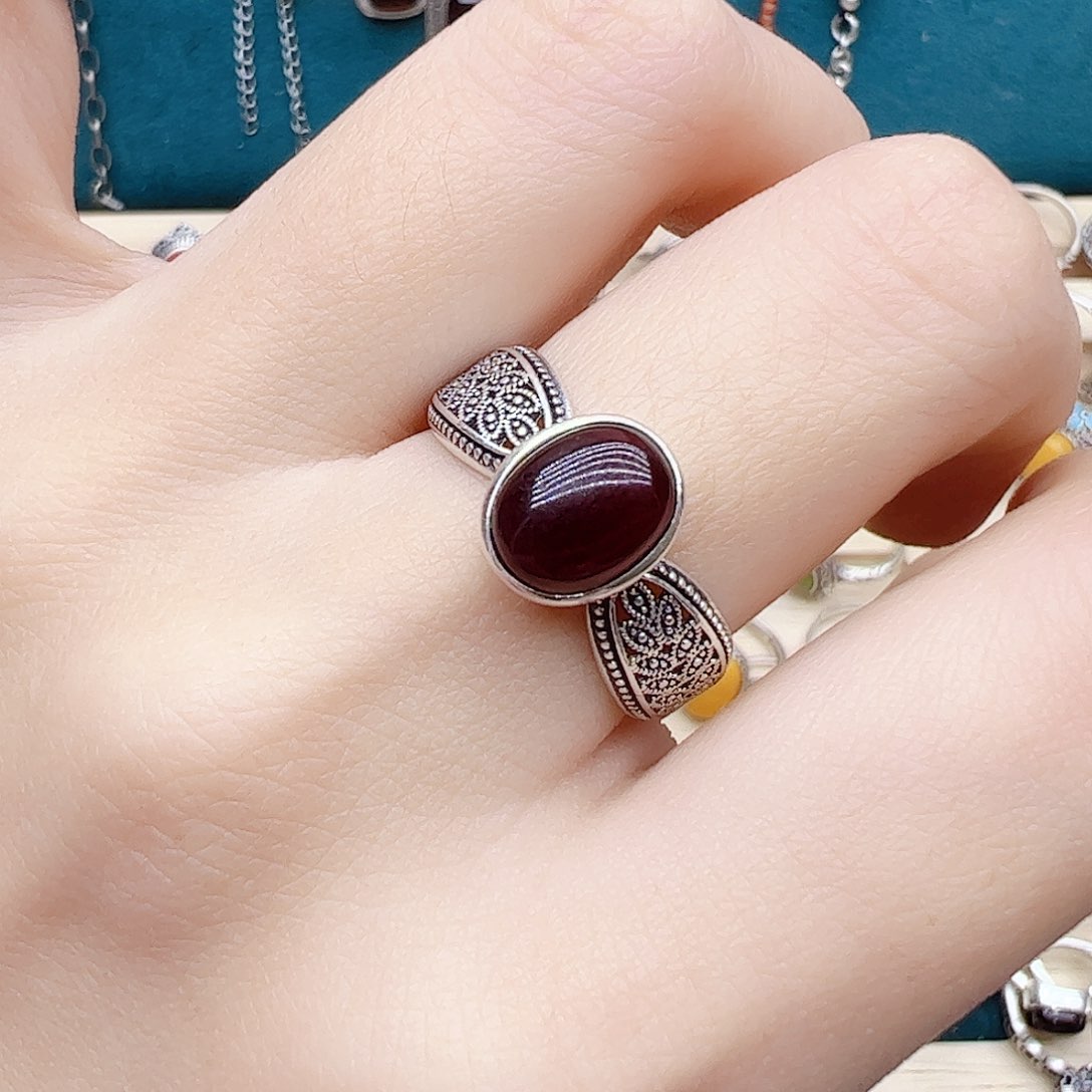 血珀戒指银S925镶嵌天然