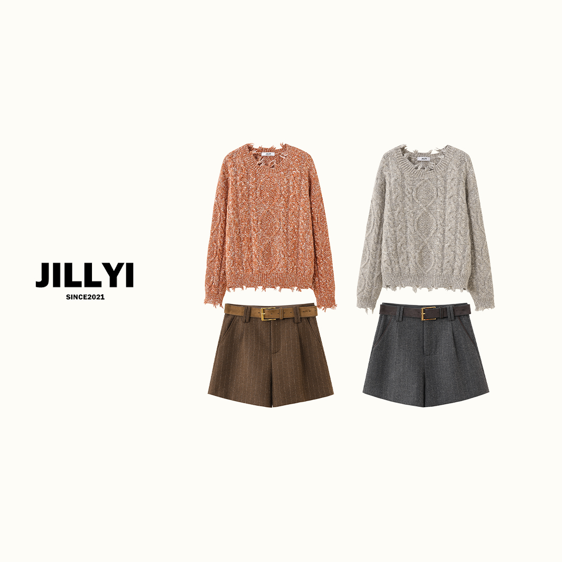 JILLYI南山店【橘子焦糖】+【灰调焦糖】纯色流苏针织上衣+纯色线条短