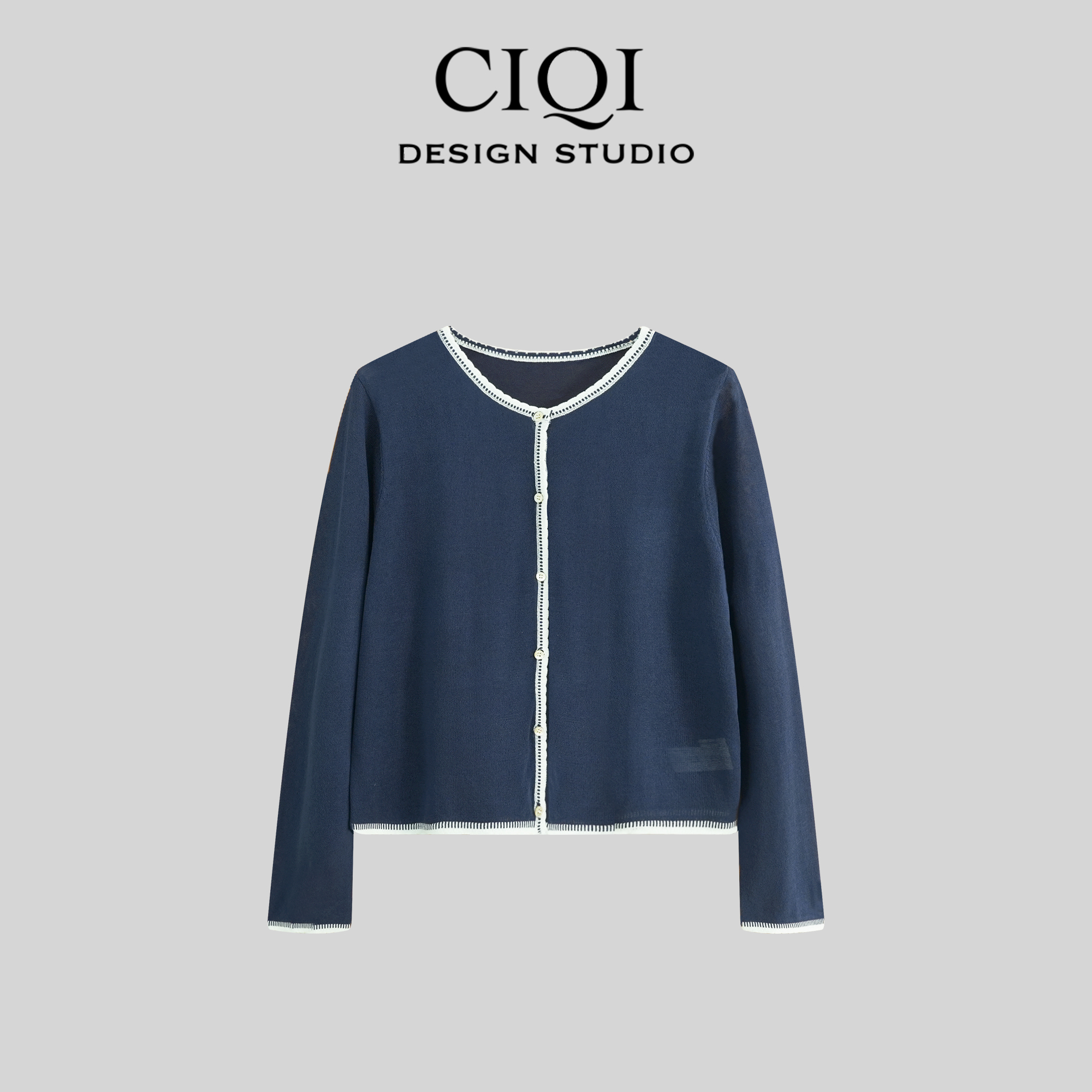 CIQI STUDIO夏季天丝亚麻优雅撞色边设计显瘦单排扣针织衫DY25944