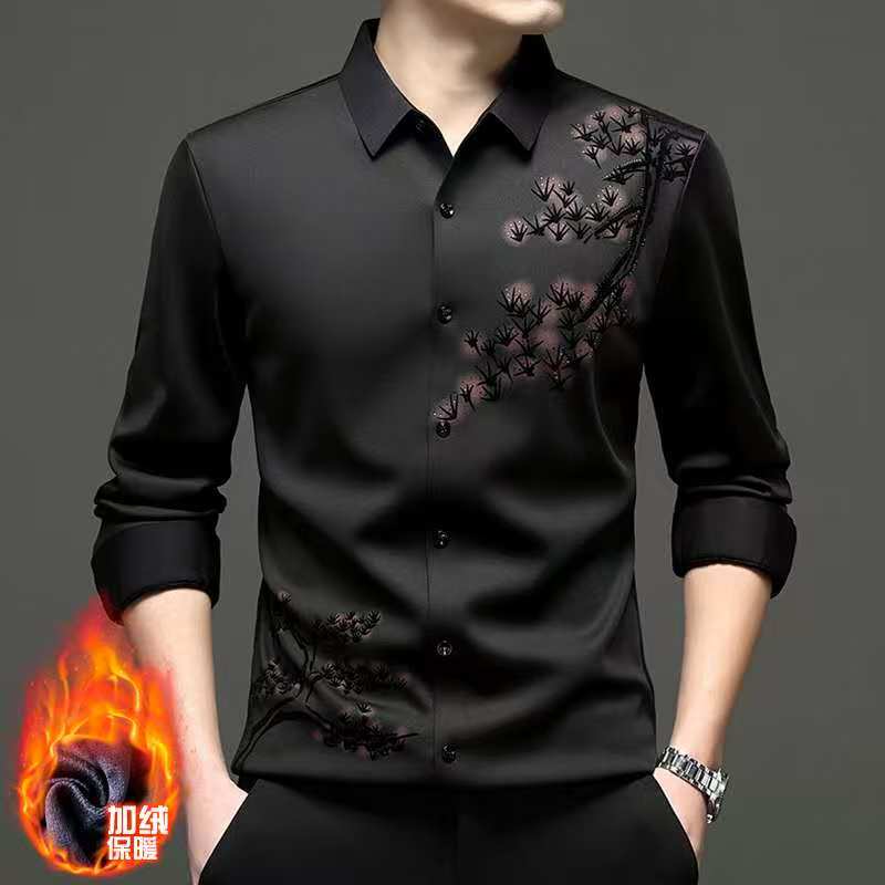 冬季免烫植绒保暖宽松型速干衬衫时尚男装男士印花