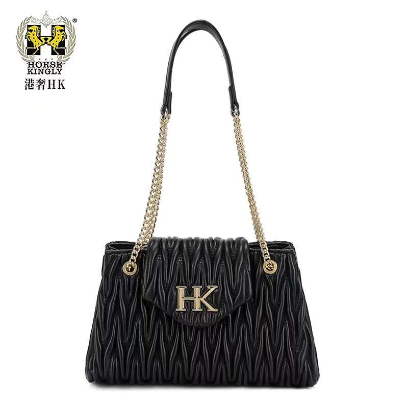 HorseKingly春秋新款女士单肩包时尚褶皱绣线女包1078新款托特包