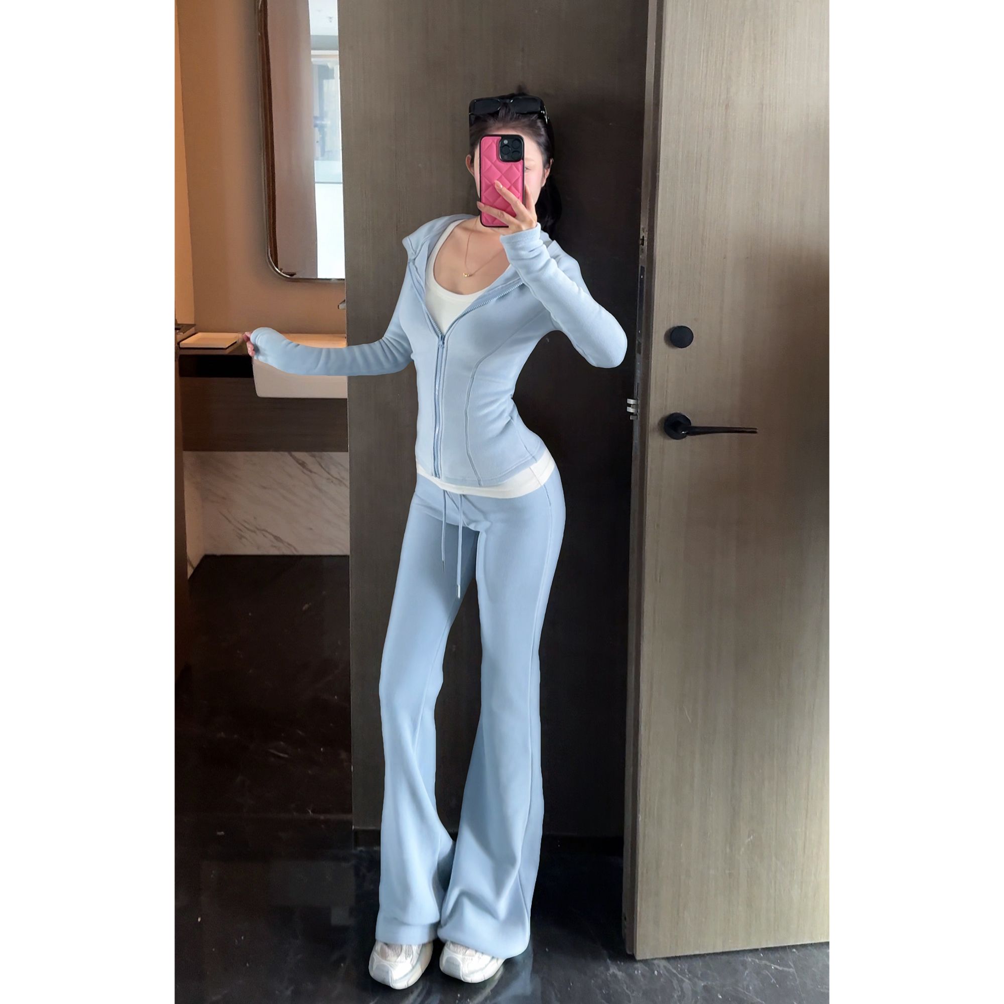 YANMENSAN 加绒加厚休闲套装运动风连帽卫衣高腰直筒拖地休闲裤