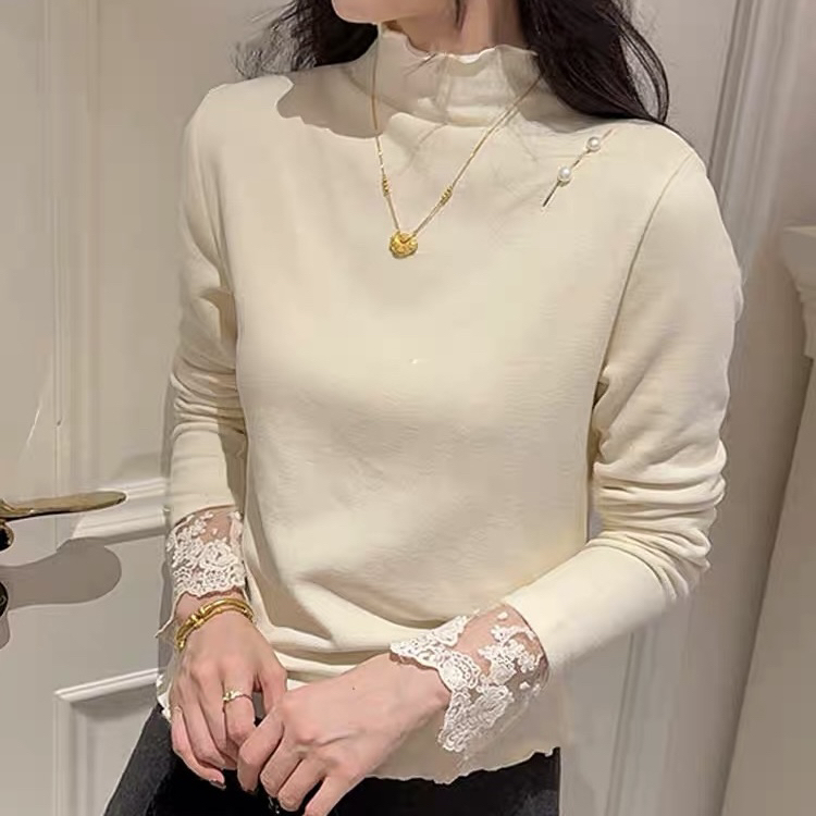 半高领蕾丝花边打底衫女内搭加厚2025新款韩系早秋巨好看单穿上衣