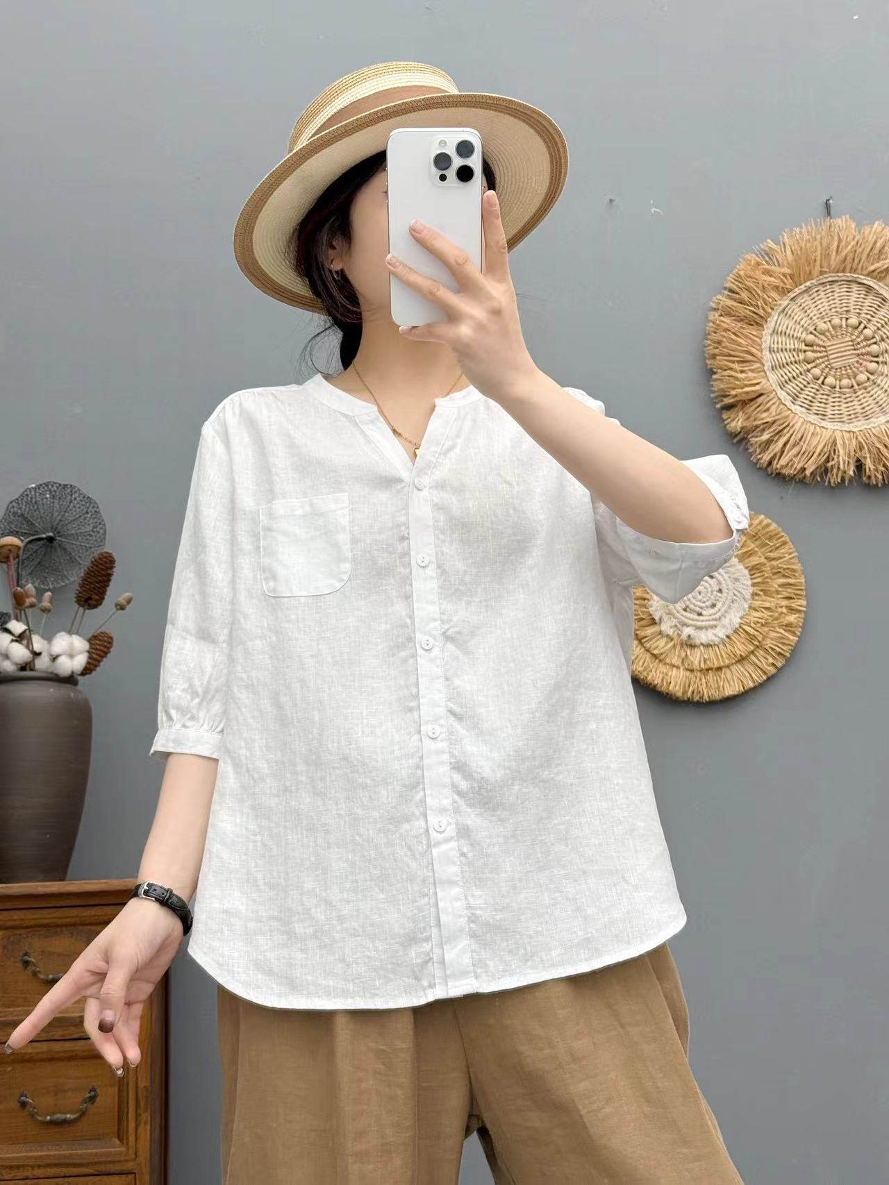 青禾-夏季新款时尚百搭显瘦V领皱肩亚麻衬衫HM6657