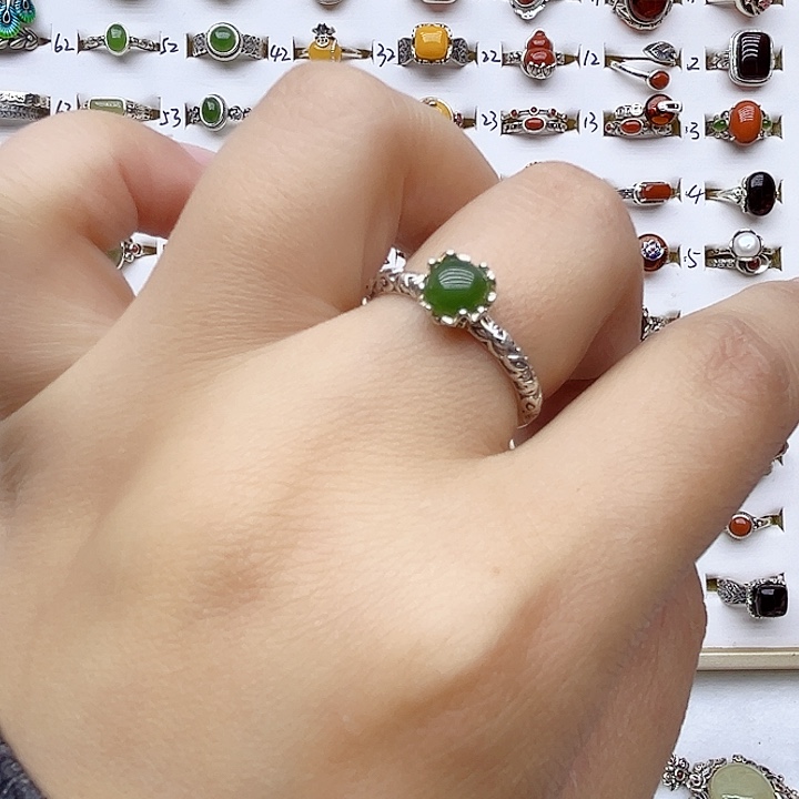 和田玉戒指银S925镶嵌天然