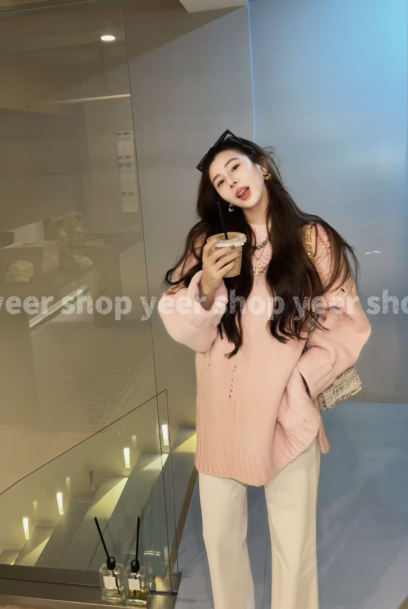 YEER·SHOP【派对甜心～】爷儿秋冬时尚百搭款减龄显嫩粉色针织毛衣