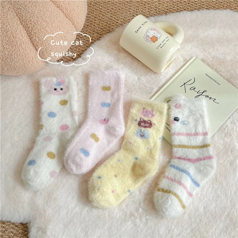 【水貂绒袜】儿童袜子冬季款中筒袜加厚水貂绒卡通粉色猫咪女童袜子