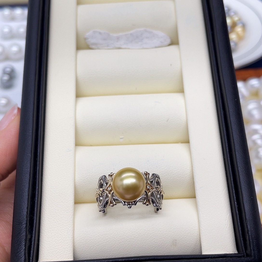 戒指海水珍珠银S925镶嵌正圆金珠浓金戒指